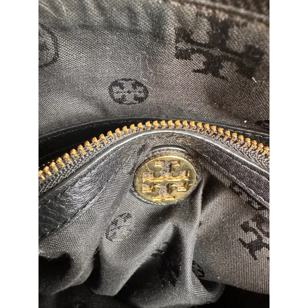 Tory Burch Meyer pebbled black leather crossbody bag gold tone hardware zip top